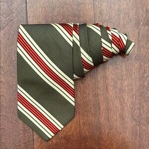 Gap Classic Retro Striped Tie in Khaki Green, Red, and Cream, 100% Silk